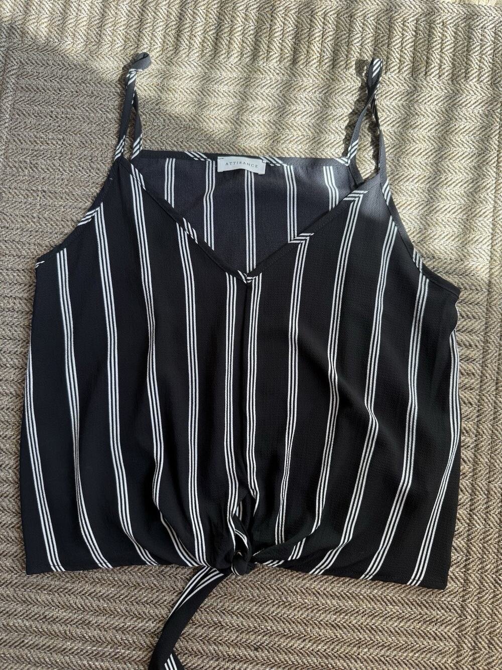 Attirance Women’s L Black/White Striped V-Neck Tie-Front Chiffon Cami